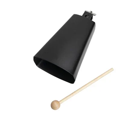Koebel grootte 7, 155 mm, zwarte metalen bel met houten stokje voor het bespelen.