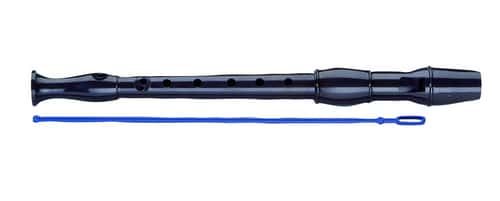 Blokfluit van kunststof, 33 cm lang, met een blauwe reinigingsdraad, geschikt voor links- en rechtshandige leerlingen.