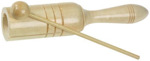 Houten toonblok met handvat en slagstokje, rond, 18 cm breed, 4,5 cm diameter, voor een donkere klank.