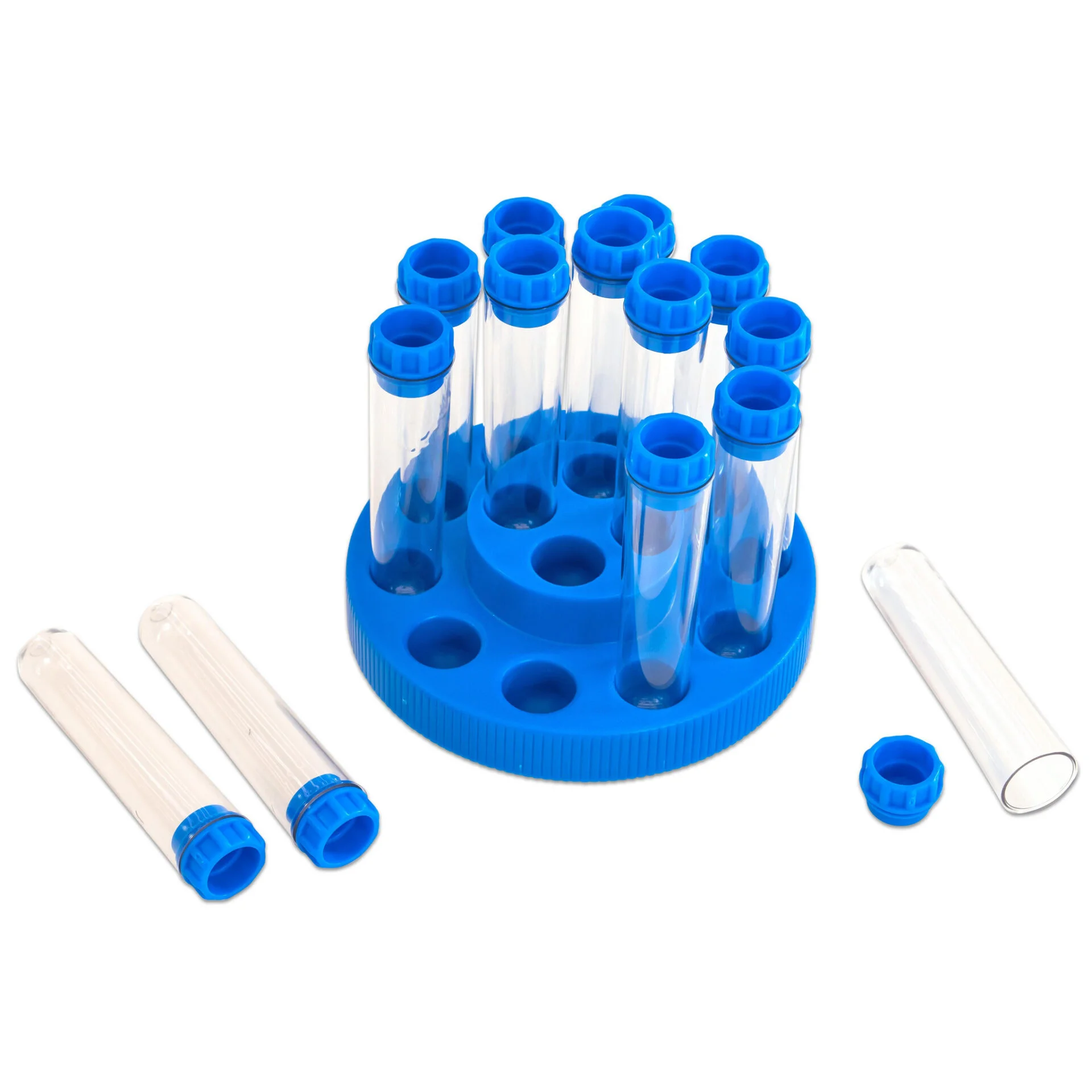 Veertien afsluitbare, onbreekbare reageerbuisjes in een blauwe houder, ideaal voor laboratoriumexperimenten.