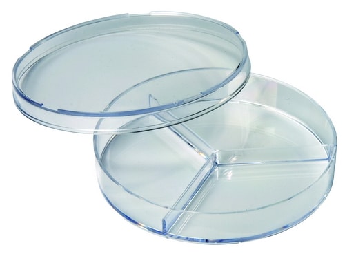 Transparante petri schaaltjes met 3 vakken, diameter 9 cm, hoogte 1,5 cm, set van 3 stuks.