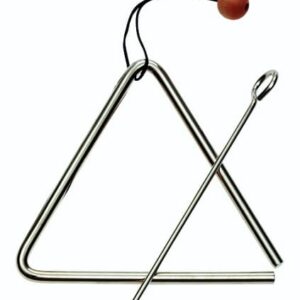 Triangel van 15 cm van metaal met een houten bal en een stokje voor het bespelen. Geschikt voor muziekeducatie.