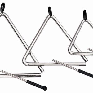 Triangel 12 mm, klassiek percussie-instrument, met heldere toon, zichtbaar met slaginstrument en stevige metalen constructie.