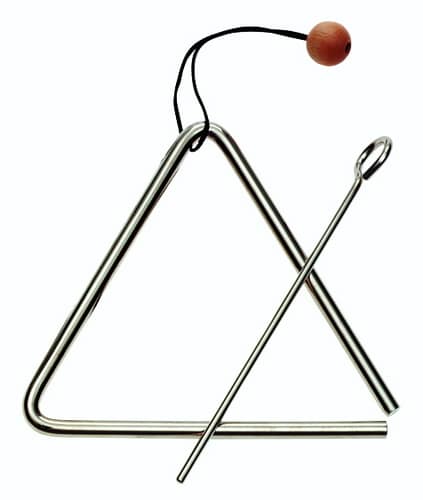 Triangel van 10 cm van metaal met een houten bal en een slagstaaf, geschikt voor muziekonderwijs.