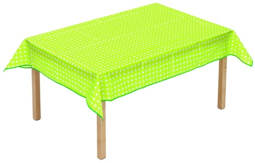 Lichtgroen tafelkleed van 160x120 cm met witte stippen, geschikt voor creatieve activiteiten en gemakkelijk af te nemen.