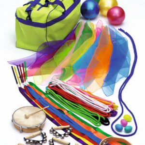 Bewegings- en ritme klassenset met instrumenten, kleurrijke sjaals, ballen en een groene tas voor motoriek en samenwerking.
