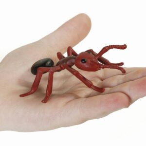 Realistisch model van een mier in een hand, toont de levenscyclus van deze insecten voor educatieve doeleinden.