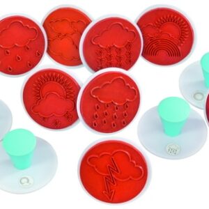 Weer stempel set met 12 stuks, inclusief afbeeldingen van wolken, regen, zon en een regenboog. Geschikt voor creatief leren.
