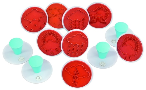 Weer stempel set met 12 stuks, inclusief afbeeldingen van wolken, regen, zon en een regenboog. Geschikt voor creatief leren.