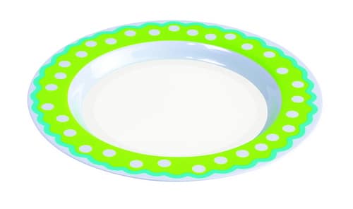 Bord van 22 cm met een groene rand en witte stippen, ideaal voor speelhoeken en leermiddelen.