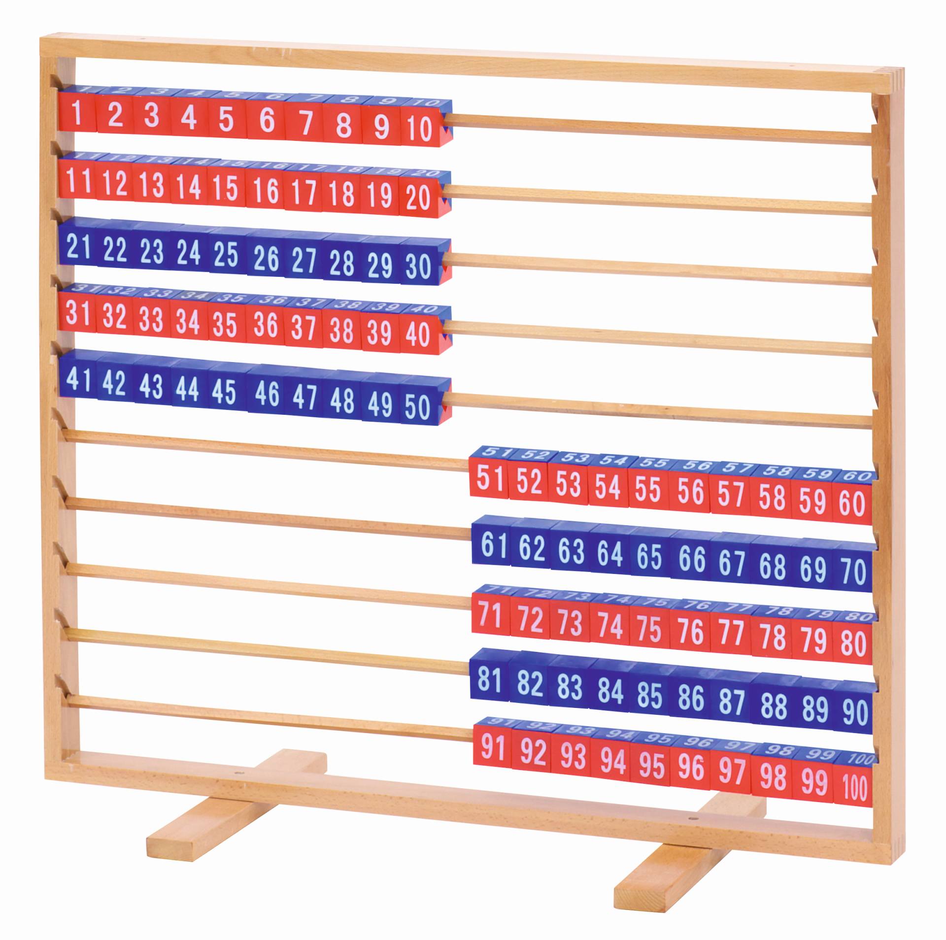 Telraam Honderdveld XL 87x77cm met 100 kubussen in rood en blauw, ideaal voor wiskundelessen en getallenbegrip.
