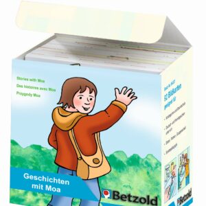 Verpakking van Vertelkaarten Verhalen met Moa, met illustratie van een jongen die zwaait, 92 kaarten voor taalontwikkeling.