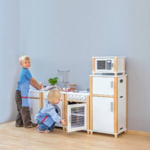 Complete keukenblok van 160 cm met kinderen die spelen, inclusief oven, kookplaat en magnetron. Perfect voor jonge koks!