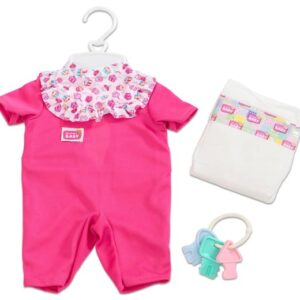 Set van poppenkleding met roze romper, luiers en speeltjes, ideaal voor creatief rollenspel en motorische ontwikkeling.