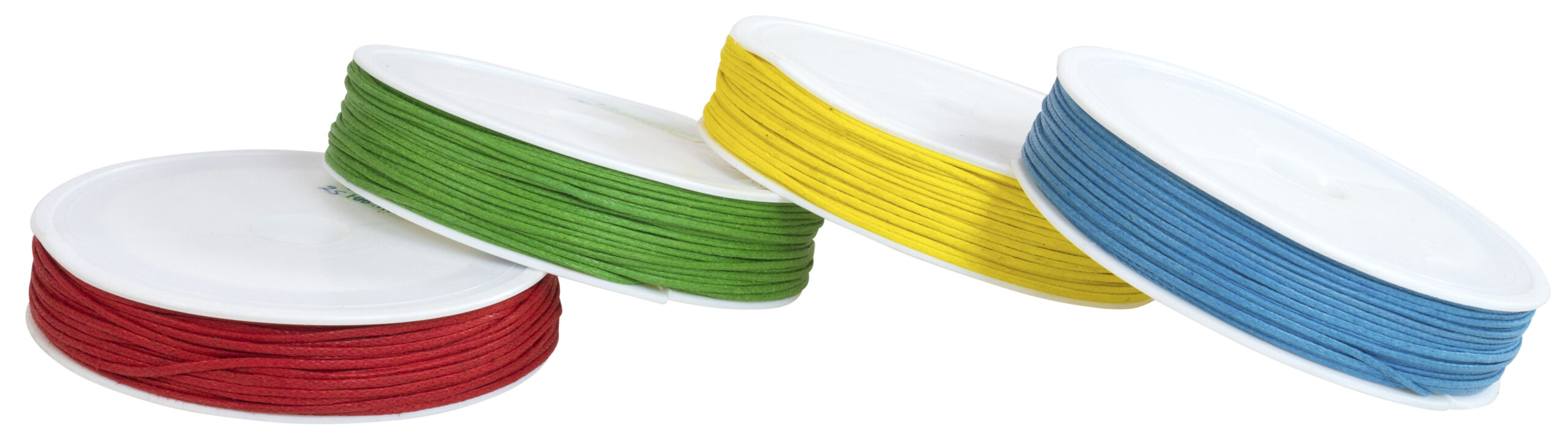 Katoenen koord set met vier rollen in rood, groen, geel en blauw, ideaal voor knutselen en sieraden maken.