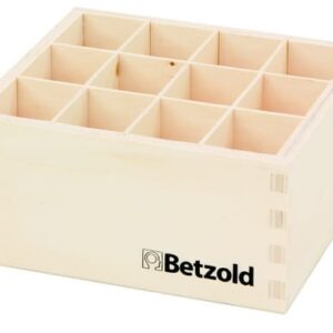 Houten potloodstandaard met 12 vakken, afmetingen 7 x 13,5 x 14,5 cm, zonder potloden. Merkenlogo zichtbaar.
