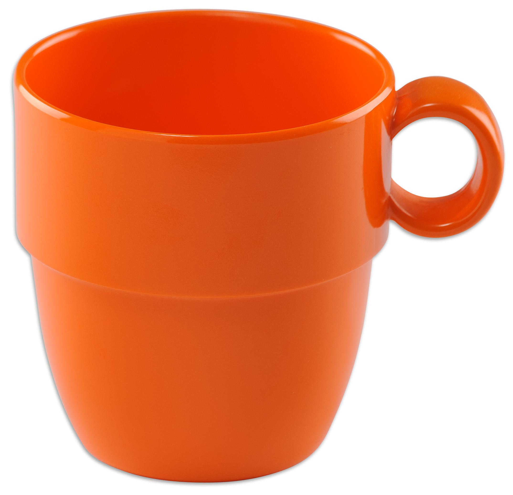 Oranje beker van 26 cl met handvat, geschikt voor huis- en poppenhoek, leermiddelen en speelhoeken.