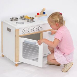 Peuterkeuken voor kinderen van 1-4 jaar, met oven, kookplaten en accessoires, ideaal voor speelplezier en leren.