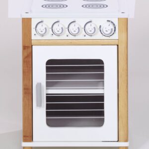 Wit houten fornuis met vier kookplaten, draaiknoppen en een oven met glazen deur, ideaal voor kleine chef-koks.