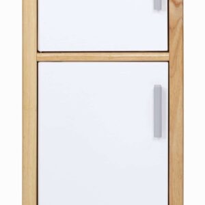 Speelgoed koelkast met vriezer, wit met houten accenten, ideaal voor de keukenhoek en leren over voedselopslag.