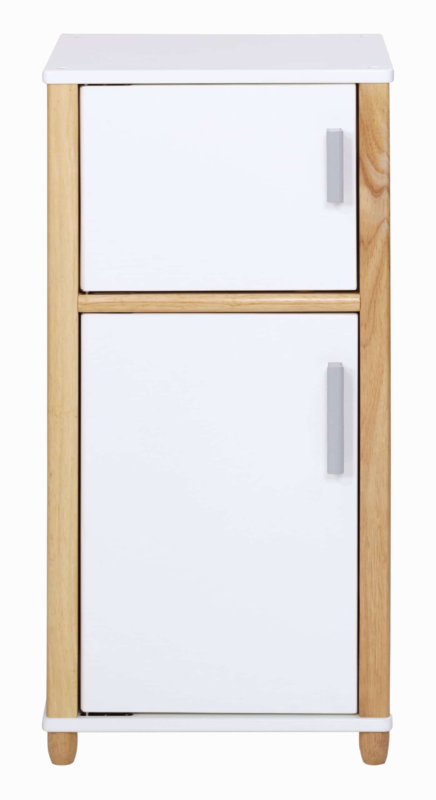 Speelgoed koelkast met vriezer, wit met houten accenten, ideaal voor de keukenhoek en leren over voedselopslag.