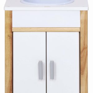 Stevig keuken kastje met spoelbak, warme en koude kraan, en opbergplek met twee deurtjes.