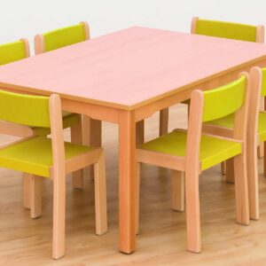Ruime Quadro Combinatie Set (120x80cm) met een roze tafel en zes groene stoelen, ideaal voor samenwerking en groepswerk.