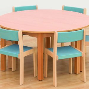 Ronde Quadro Combinatie Set (Ø 120x60cm) met zes kleurrijke stoelen, ideaal voor samenwerking en activiteiten.