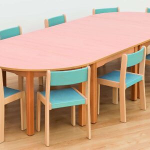 Quadro Combinatie Set (280cm) met een lange tafel en kleurrijke stoelen, ideaal voor groepsactiviteiten in de kinderopvang.