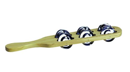 Houten jingle stok met vijf metalen schijven voor muzikaal gebruik, ideaal voor trommels en tamboerijnen.
