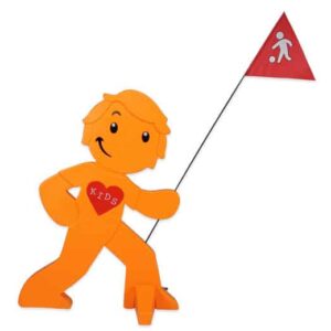 Oranje verkeersveiligheidsfiguur met een vlag, ontworpen voor zichtbaarheid en veiligheid in schoolzones.