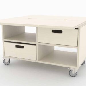 KDV Multi Statafel/kast met wielen, opbergkasten en lades, ideaal voor kinderdagverblijven en ruimtebesparing.