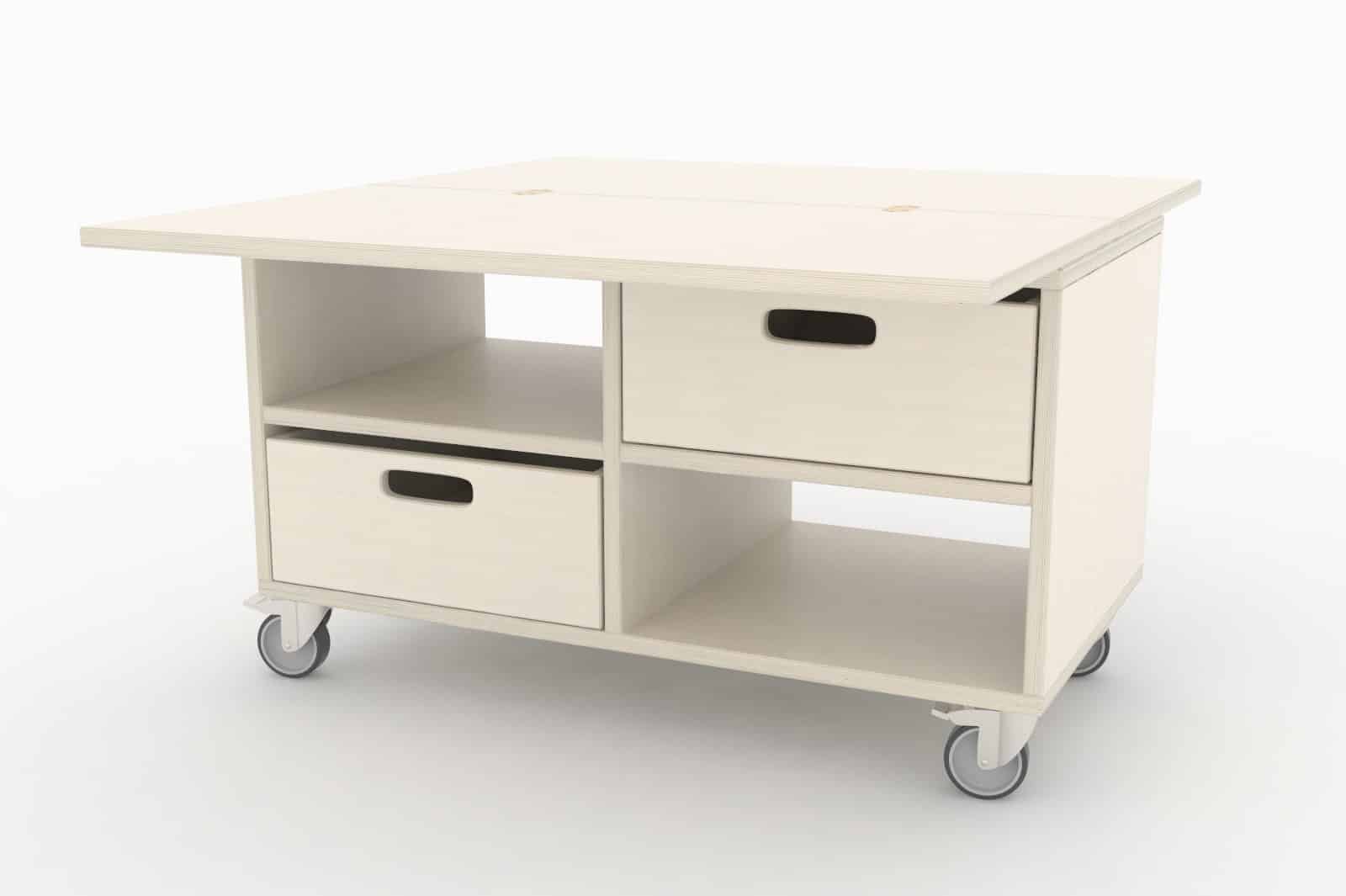 KDV Multi Statafel/kast met wielen, opbergkasten en lades, ideaal voor kinderdagverblijven en ruimtebesparing.