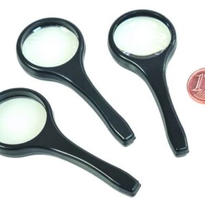 Vergrootglas met een diameter van 25 mm, 5x vergroting, drie stuks, naast een munt van 1 eurocent voor schaal.