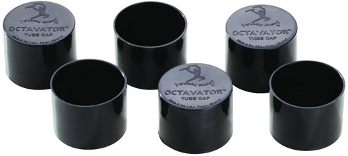 Set van 8 zwarte octavator caps voor Boomwhacker buizen, waarmee het instrument een octaaf lager klinkt.