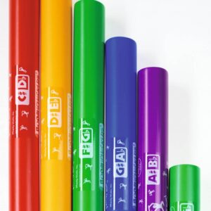 Kleurrijke Boomwhackers Chromatisch: 5 percussiebuizen in rood, oranje, geel, groen, blauw en paars voor muzikale training.