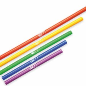 Chromatische Boomwhackers set met vijf gekleurde buizen: rood, geel, groen, blauw en paars. Geschikt voor muziekonderwijs.