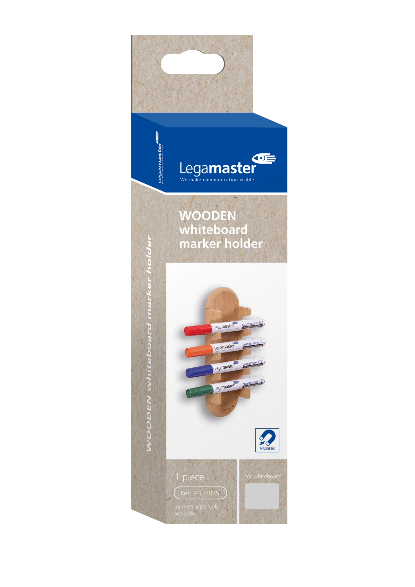 Magnetische houten markerhouder voor whiteboards, met ruimte voor vier markers in een moderne houtlook.