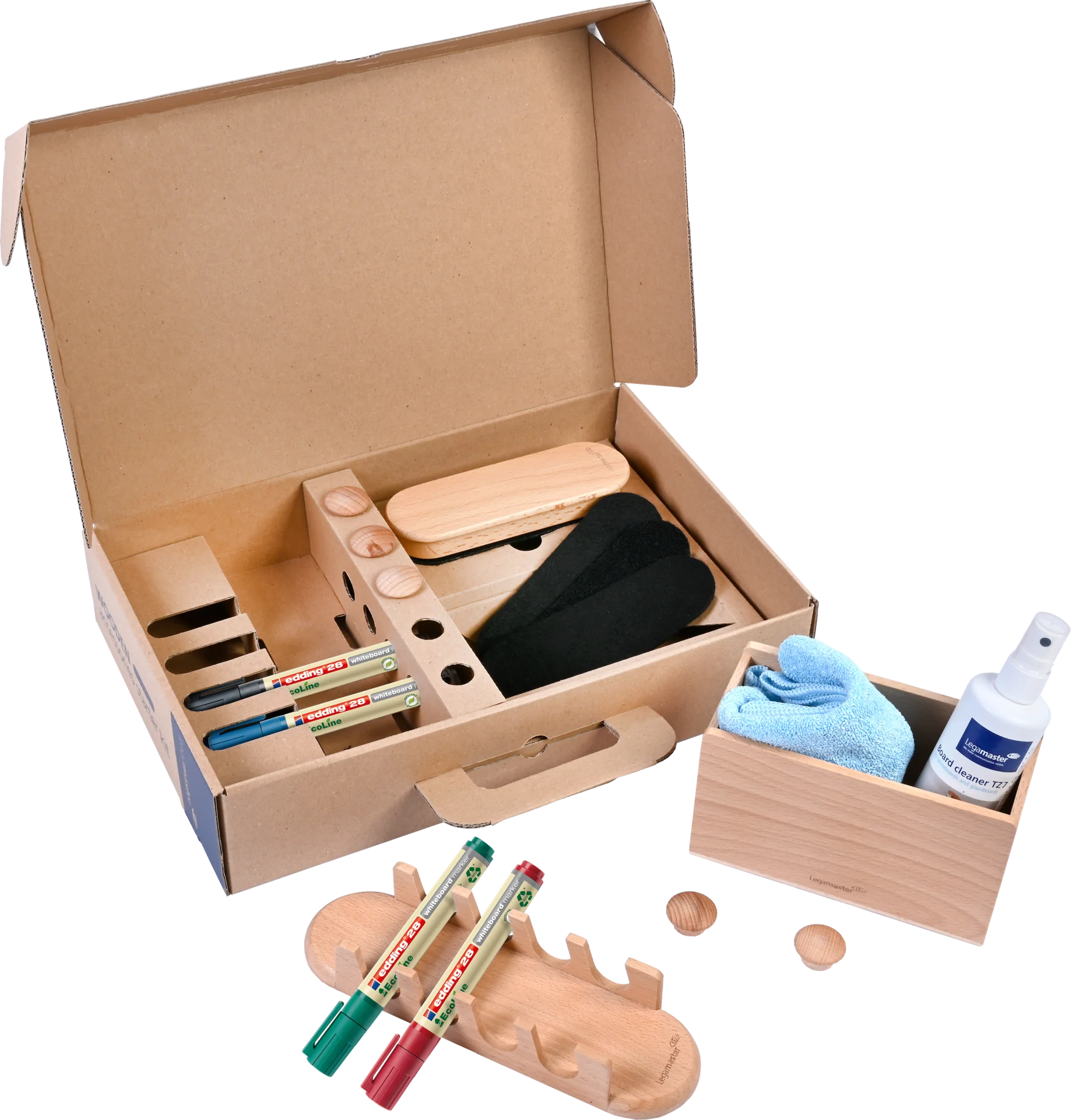 Houten accessoires starter kit voor whiteboard, 17-delige set met markers, schoonmaakmiddel, doek en opbergdoos.