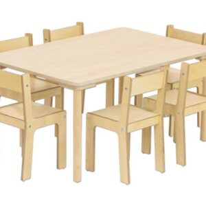 BACCUS Kleutermeubel Set 7-dlg met rechthoekige tafel (120x80cm) en vijf houten stoelen, ideaal voor kinderen.