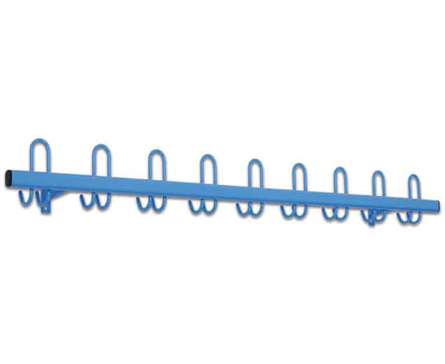 Kapstok in blauw met acht haken, geschikt voor kinderopvang en garderobe. Lengte 1 meter.