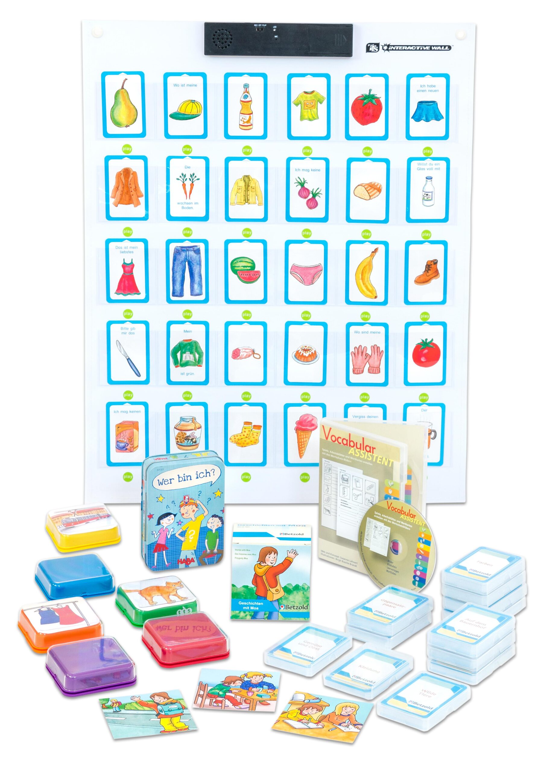 Leskist voor meertalig onderwijs met kaarten, boeken en een geluidsmodule voor luistervaardigheidsoefeningen.