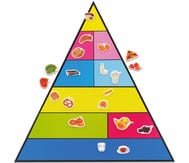 Magnetische voedselpiramide met 45 kleurrijke magnetische fotos van verschillende voedingsmiddelen.
