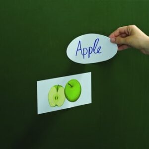 Set van 5 witte magnetische vellen A4, 0,3 mm dik, bevestigd aan een groene schoolbord.