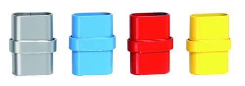 Verbindingselementen in geel, blauw, rood en grijs, geschikt voor garderobe en kinderopvang.