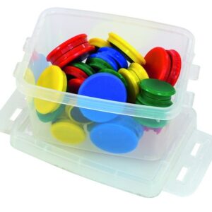 Transparante opbergdoos van 300 ml met kleurrijke schijfjes in rood, geel, groen en blauw. Geschikt voor creatief gebruik.