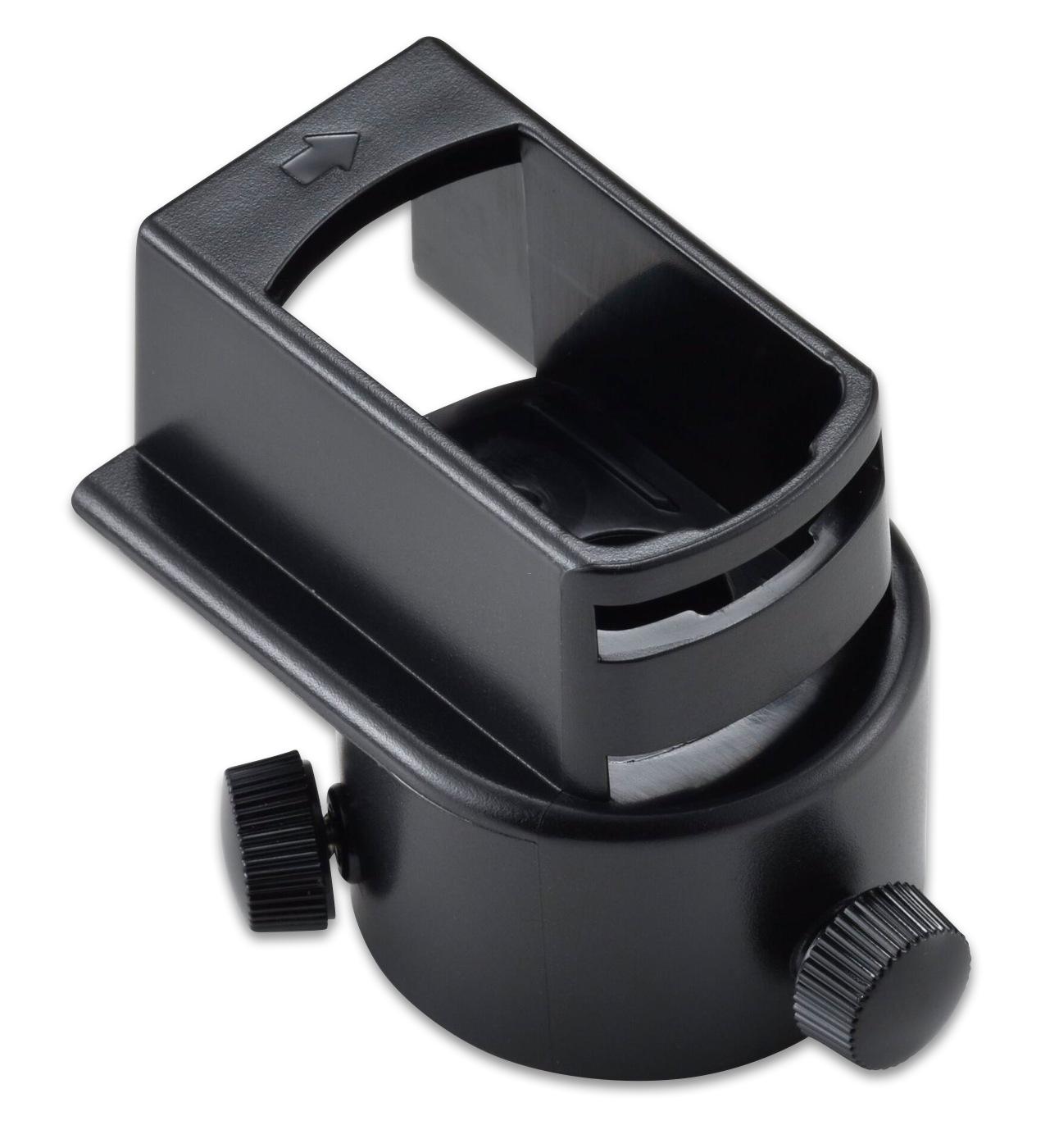Elmo Microscoop Adapter voor M-Serie, zwart, met verstelbare schroef en openingen voor bevestiging.