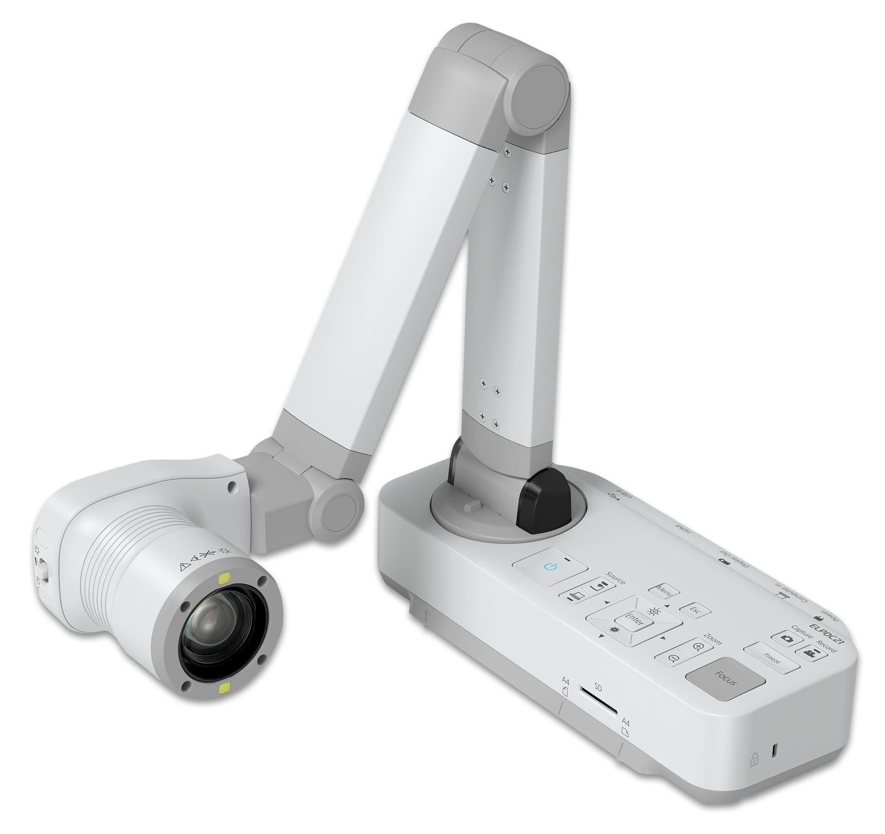 Epson ELPDC21 objectcamera met flexibele arm en bedieningspaneel, ideaal voor presentaties en documentvertoning.