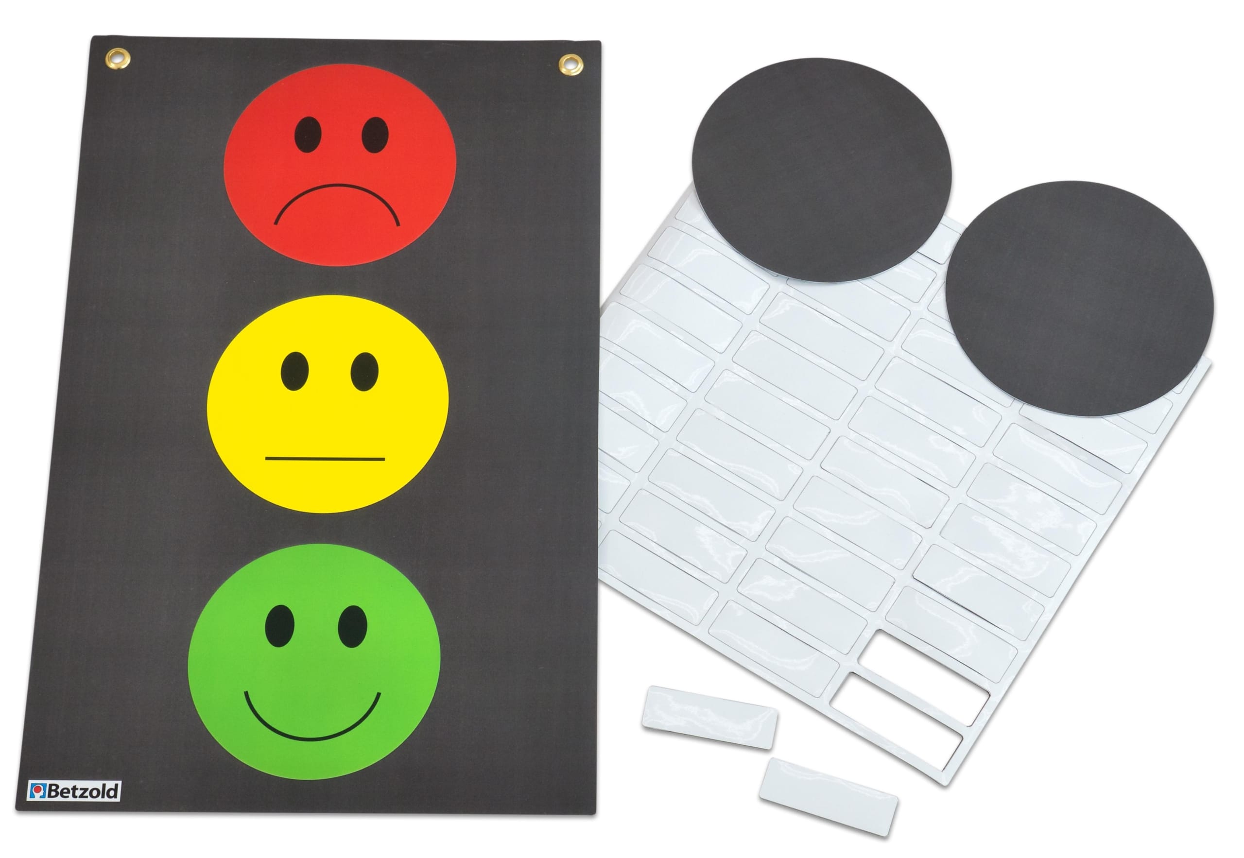 Magnetisch verkeerslicht met drie gezichten (rood, geel, groen) en bijbehorende magneten voor klassenmanagement.