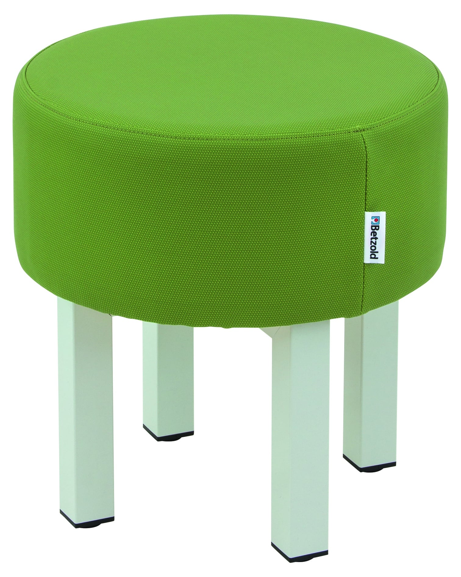Ronde groene hocker met lichte poten, geschikt voor kantines en wachtruimtes, biedt speelse en praktische zitoplossing.